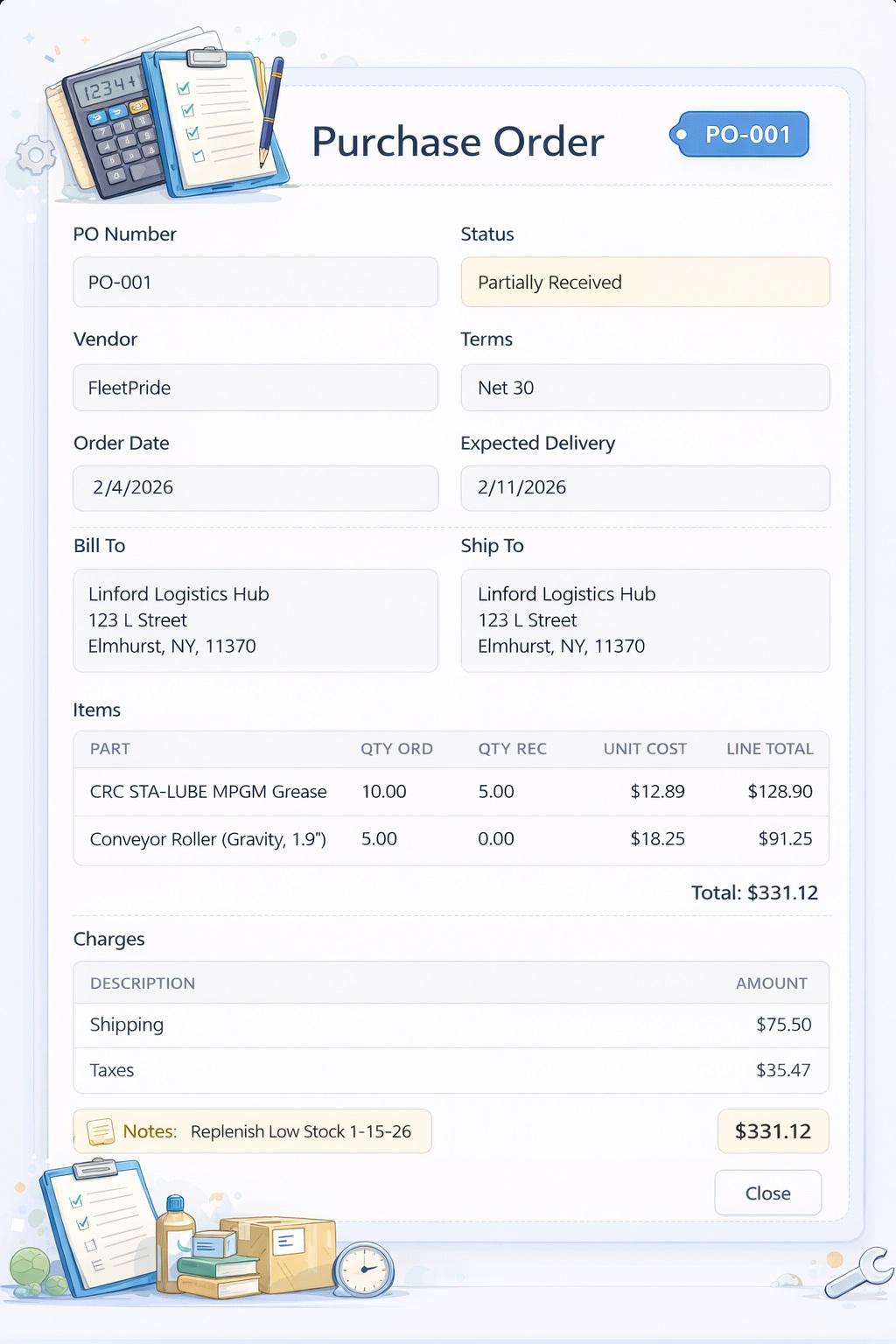 Purchase order management interface