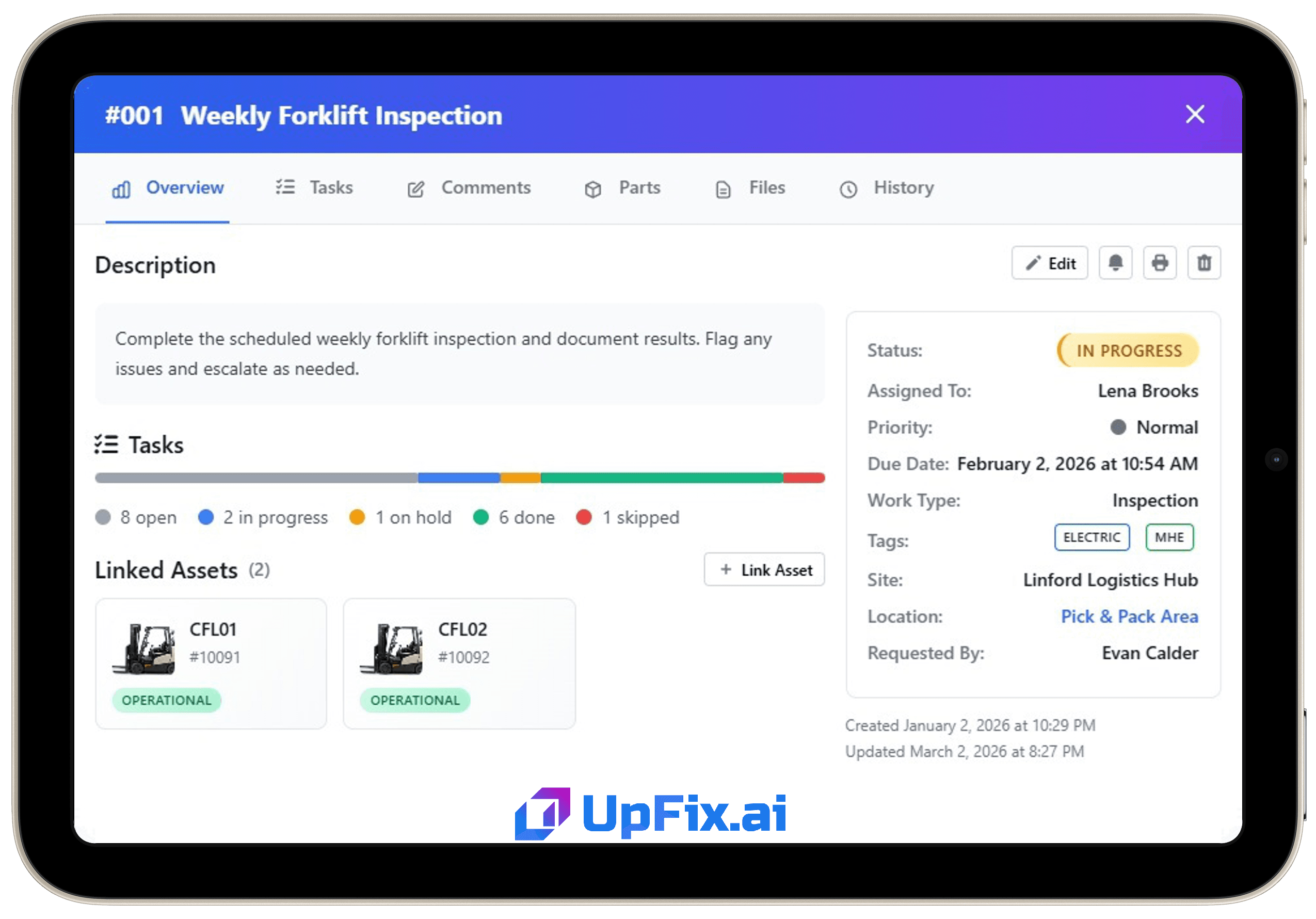 UpFix work order interface on tablet — maintenance management dashboard with work orders, assets, and analytics