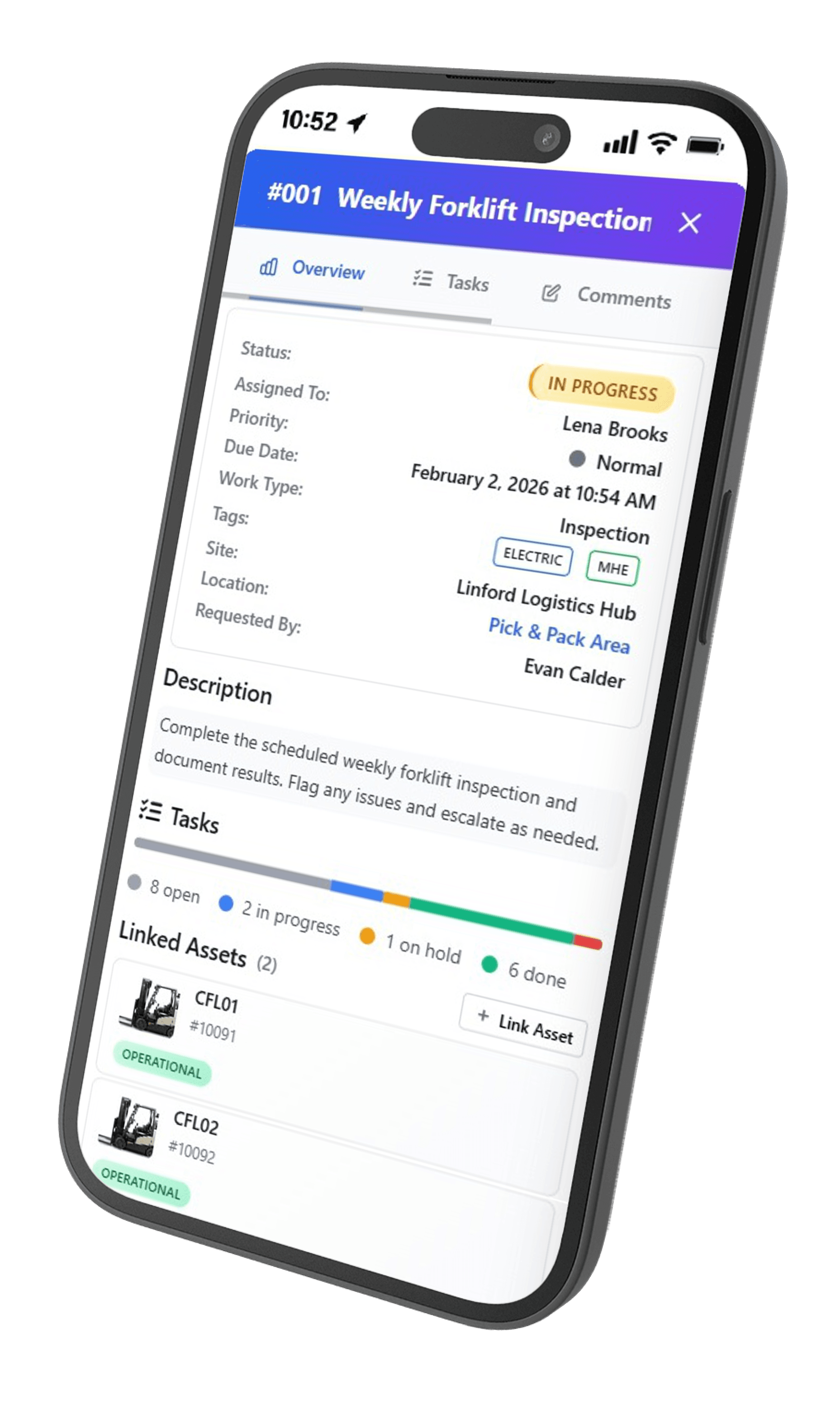 UpFix work order interface on mobile — maintenance tasks and work orders on the go
