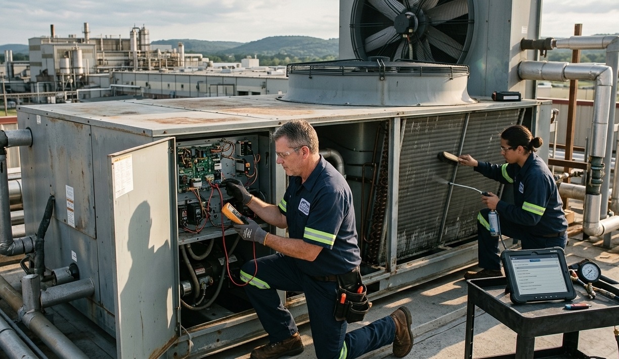 Technicians inspecting rooftop HVAC equipment during maintenance work
