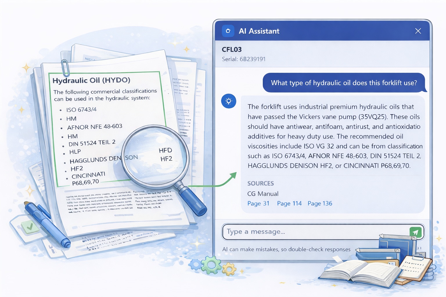 AI assistant answering maintenance questions with references to manuals and history