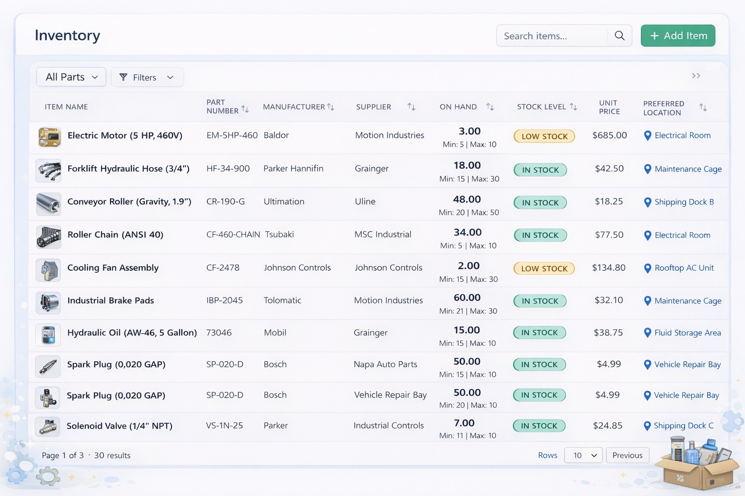 Inventory management interface with parts tracking