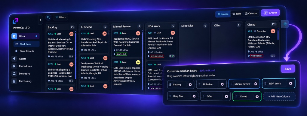 UpFix work board with a team’s custom workflow columns and board settings