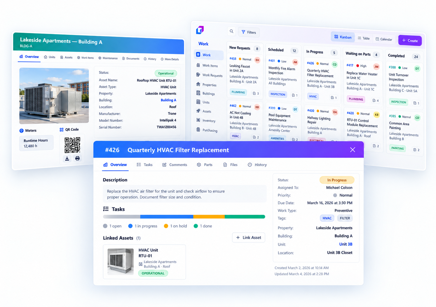 UpFix property view with a building asset, maintenance queue, and linked HVAC work item