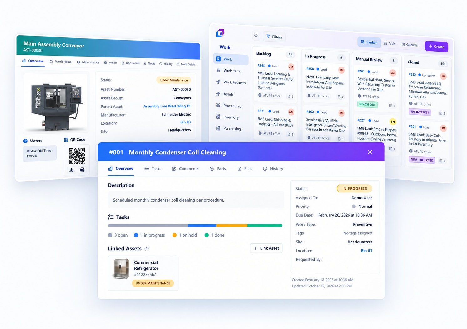 UpFix asset details, configurable work board, and maintenance task tracking
